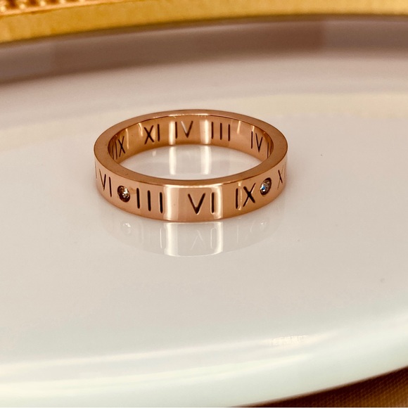 18K Rose Gold Titanium Steel Roman Numerals CZ Band Ring - Picture 3 of 4